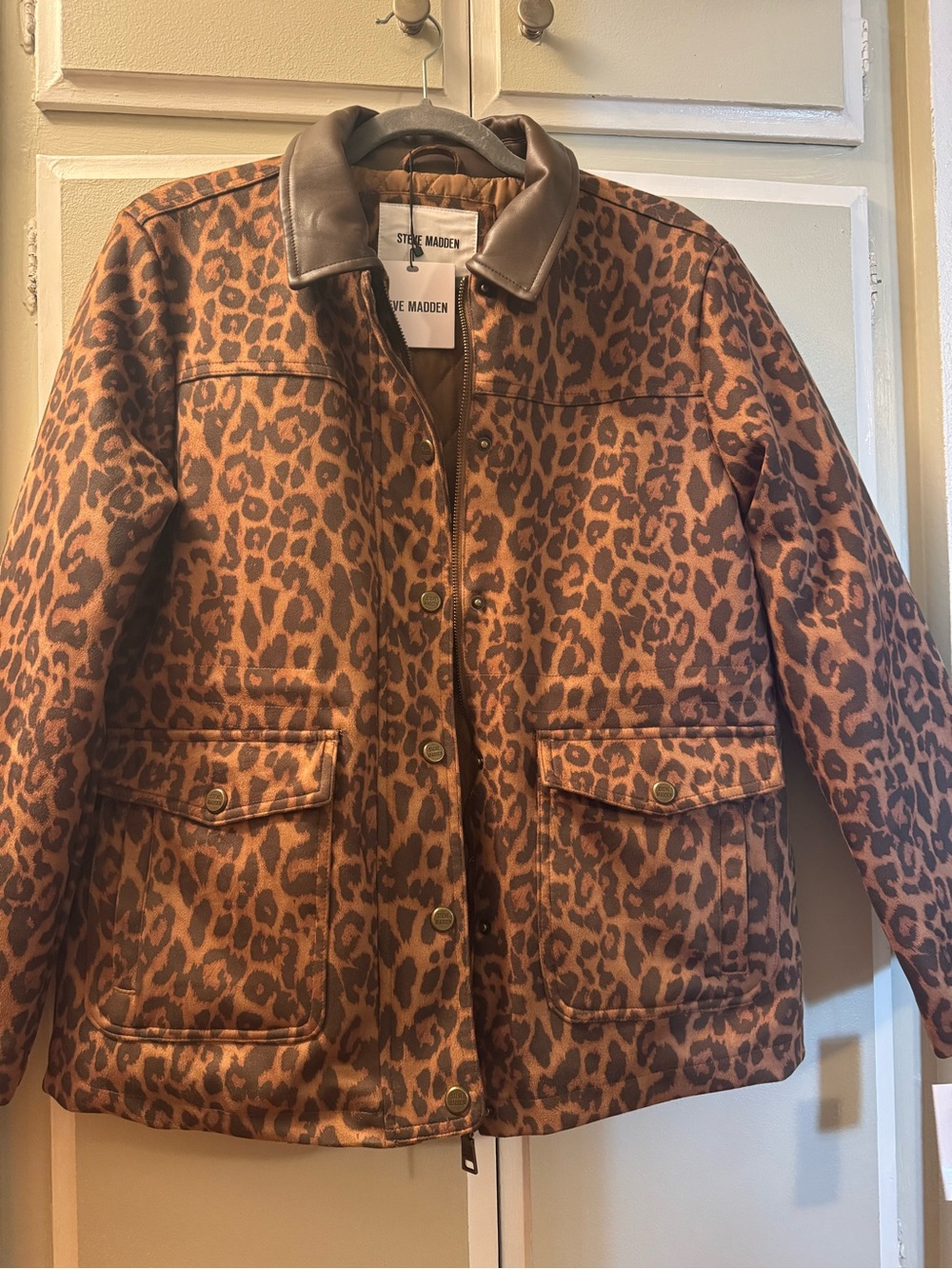 Steve Madden Leopard Print Utility Jacket with Faux Leather Collar